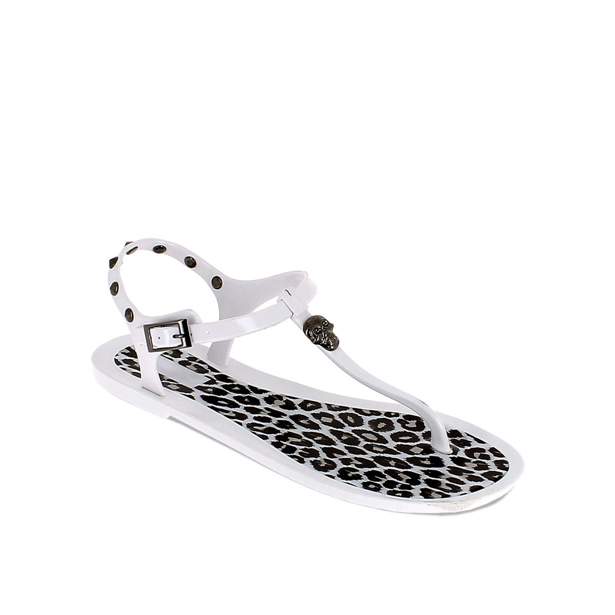 Thong sandal in PVC with leopard-skin insole and studs